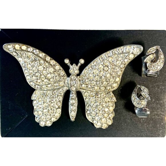 Vintage Silver & Rhinestone Butterfly Brooch and Rhinestone Clip-on Earrings - Picture 2 of 6